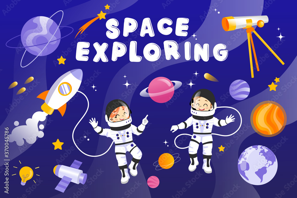 Male And Female Austronauts With Planets, Stars, Rocket, Spaceship And Different Cosmic Items. Two Happy Characters In Space Outfits Smiling. Vector Cartoon Style Illustration. Flat Colorful Galaxy