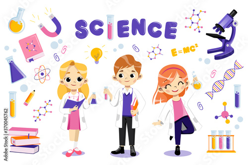 Set With Cute Male And Female Characters Smiling. Different Scientific Items Around Cartoon Women And Man Scientists In White Coats. Flat Vector Illustration. People And Colorful Laboratory Equipment