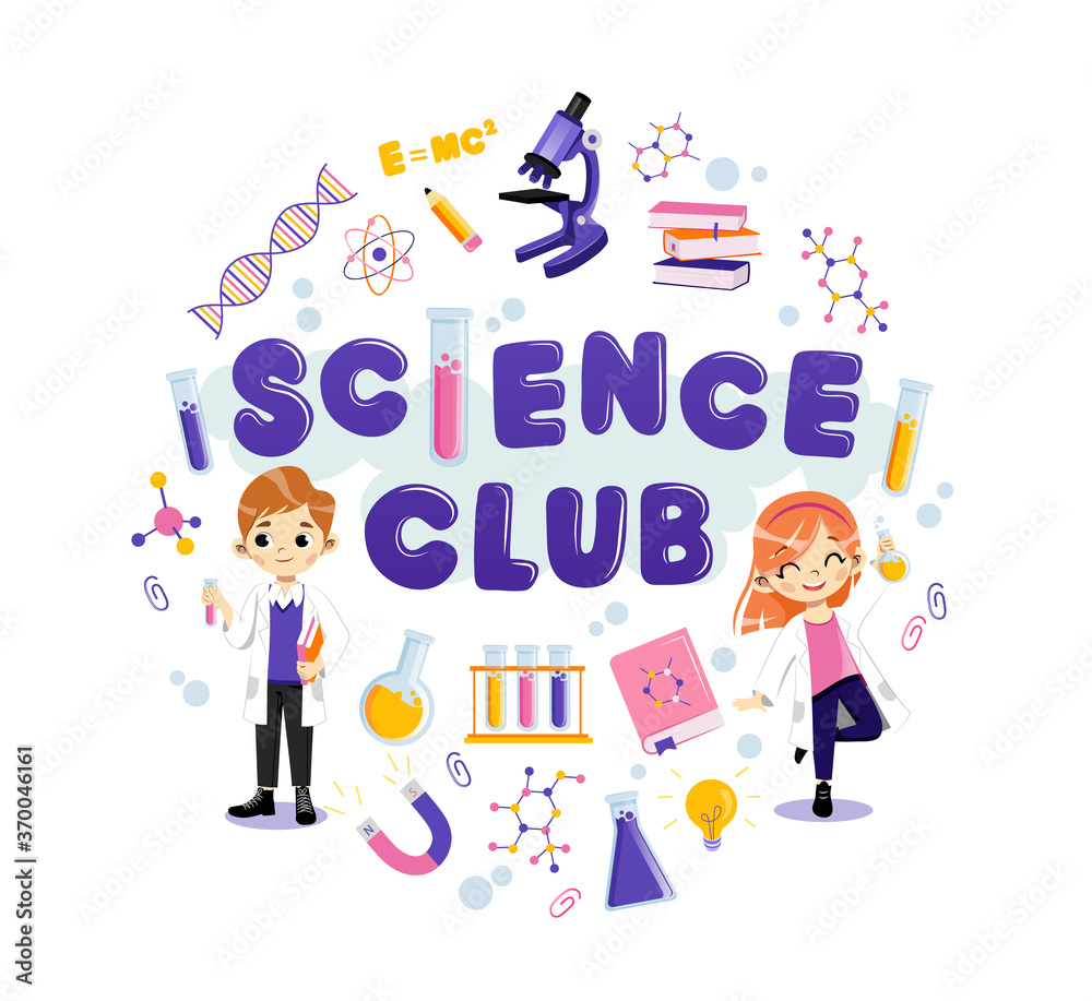 Two Young Characters With Science Club Equipment On White Background. Male And Female Teens Wearing White Coats And Smiling. Set Of Scientific Items With Microscope, Science Book, Tubes, Formulas Two Young Characters With Science Club Equipment On White Background. Male And Female Teens Wearing White Coats And Smiling. Set Of Scientific Items With Microscope, Science Book, Tubes, Formulas