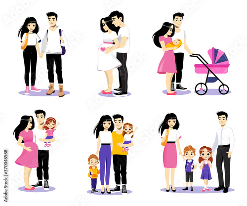 Love Story Concept Cartoon Illustration. Set Of Six Couples In Different Phases Of Relationship. Vector Picture In Flat Style. Young Family Of Male And Female Characters With Two Growing Up Children