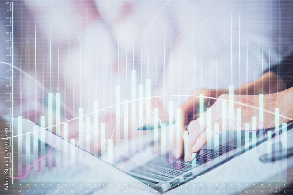 Double exposure of woman hands typing on computer and forex chart hologram drawing. Stock market invest concept. Double exposure of woman hands typing on computer and forex chart hologram drawing. Stock market invest concept.