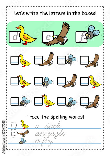 English alphabet worksheet for kids. Letters d, e, f. Printable educational page A4.