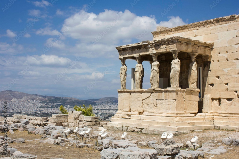 The famous caryatids in Athens, overlooking the city