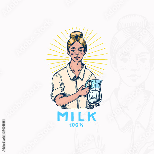 Milk badge. Woman farmer or milkmaid. Vintage logo for Village shop and t-shirts. Hand Drawn engrave sketch. Vector illustration.