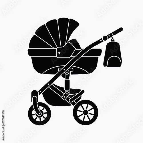 Black empty pram. Baby carriage icon. Flat vector illustration.