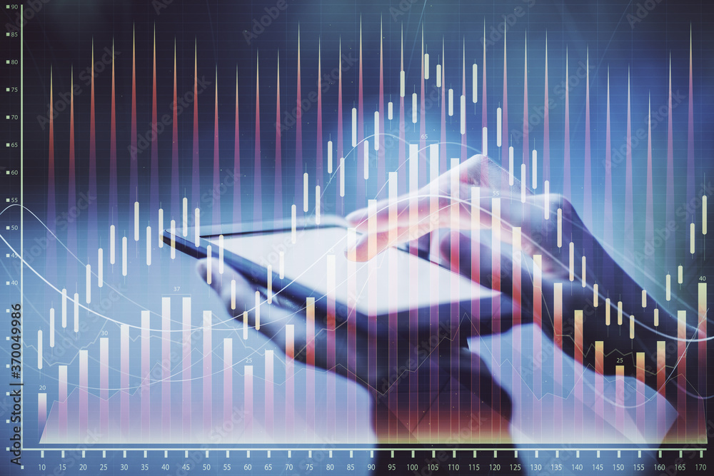 Double exposure of forex chart sketch hologram and woman holding and using a mobile device. Financial market concept. Double exposure of forex chart sketch hologram and woman holding and using a mobile device. Financial market concept.