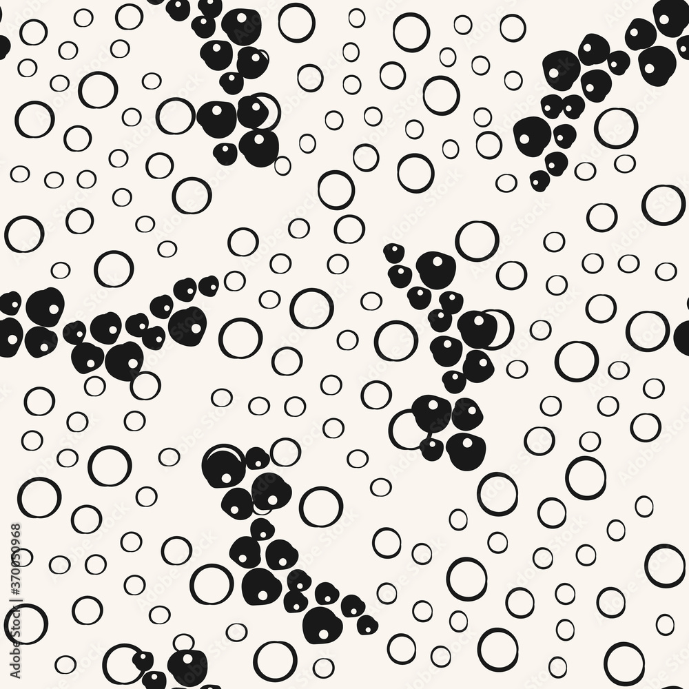 Vector abstract black and white seamless pattern with berries, bubbles, circles. Simple texture in doodle style. Modern monochrome background with hand drawn elements. Repeat design for print, wrap