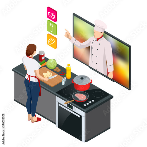 Isometric Cooking Education Online. Professional cooking. Woman chef cooking while streaming online for webinar masterclass lesson at home