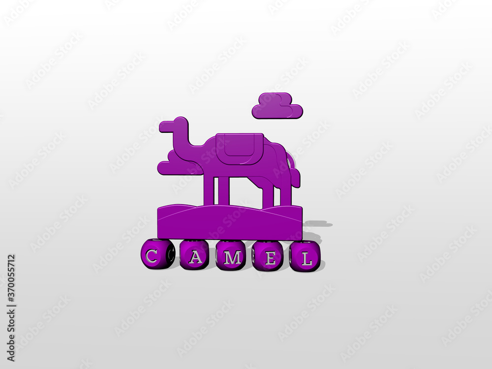 3D representation of camel with icon on the wall and text arranged by metallic cubic letters on a mirror floor for concept meaning and slideshow presentation. illustration and desert