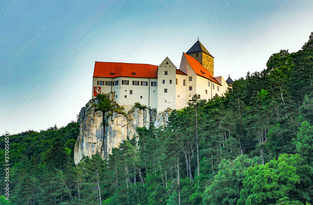 Fototapeta premium Danube River, Germany; A castle high above the Danube River in Germany,