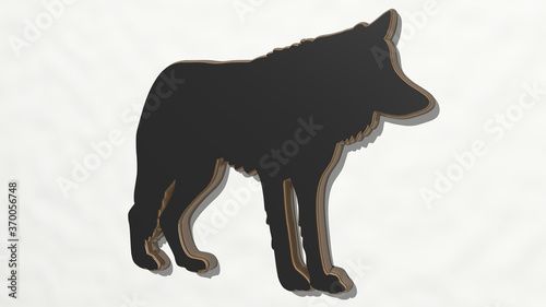 WOLF from a perspective on the wall. A thick sculpture made of metallic materials of 3D rendering. illustration and animal photo