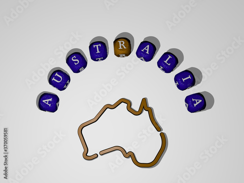 3D illustration of AUSTRALIA graphics and text around the icon made by metallic dice letters for the related meanings of the concept and presentations. australian and background photo