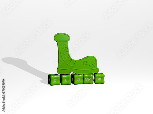 Fotografía 3D illustration of clown graphics and text made by metallic dice letters for the related meanings of the concept and presentations