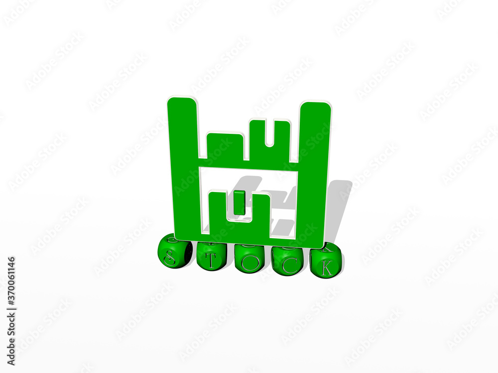 3D representation of stock with icon on the wall and text arranged by metallic cubic letters on a mirror floor for concept meaning and slideshow presentation 3D representation of stock with icon on the wall and text arranged by metallic cubic letters on a mirror floor for concept meaning and slideshow presentation