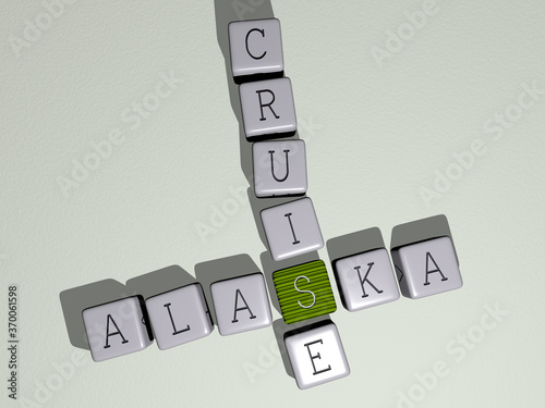ALASKA CRUISE combined by dice letters and color crossing for the related meanings of the concept. illustration and america