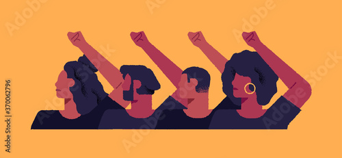 African american people group with hands up in protest march or social isssues event. Diverse men and women characters fighting for justice and police discrimination. 