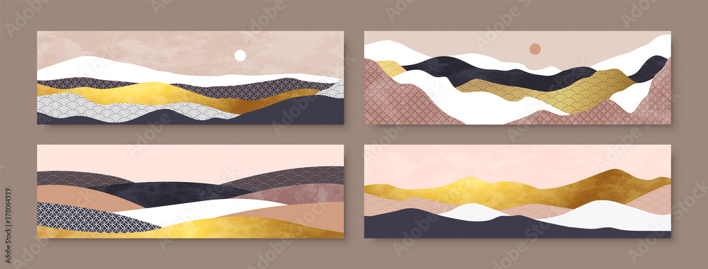 Abstract mountain landscape illustration set, luxury gold foil graphic collection of asian art style mountains and horizon scenery view on isolated background. Horizontal format copy space banner.
