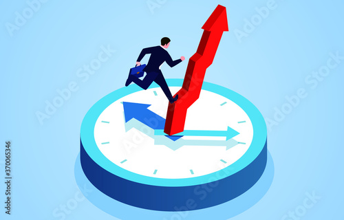 Conceptual illustration of time management and business development, businessman running up on the arrow of the clock