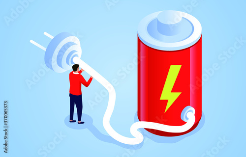 Connect energy, businessman holding plug to charge battery