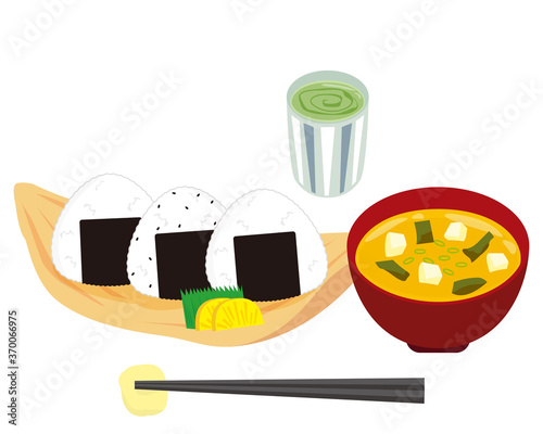 三角に握ったおにぎりのベクターイラスト　たくあんとおむすび