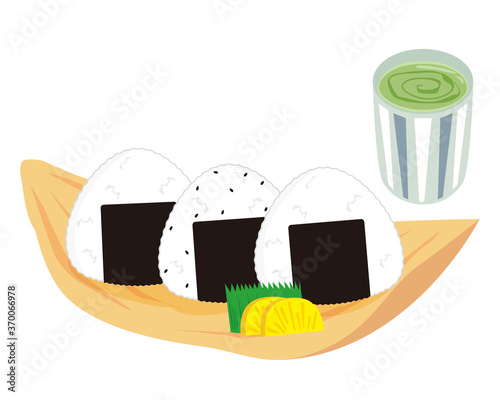 三角に握ったおにぎりのベクターイラスト　たくあんとおむすび