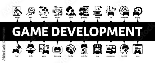 Video Game Development Minimal Infographic Web Banner Vector. Game Development, Coding And Design, Developing Phone App And Web Site Illustration