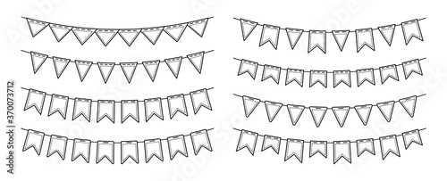 Flag garland bunting birthday party flat multicolored set. Buntings pennants for celebration, festival decoration. Anniversary, celebration party hanging flags cartoon collection. Vector illustration