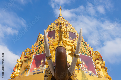 Phayao, Thailand - Dec 31, 2019: Brown Elephant Statue and Gold Pagoda or Stupa on Blue Sky Background in Wat Phra Nang Din or Phra Nang Din Temple at Chiang Kham District Phayao Thailand at Low Angle photo