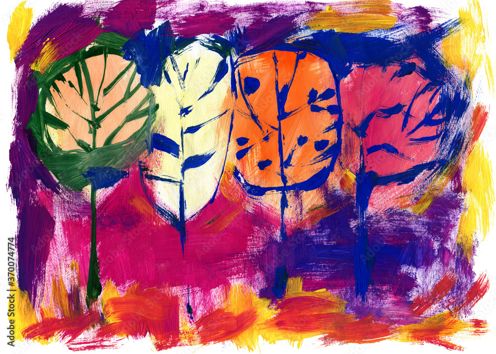 Fototapeta premium Stylish autumn trees on the background of bright maroon autumn foliage. Modern acrylic illustration of a forest. Maple, hawthorn and aspen.