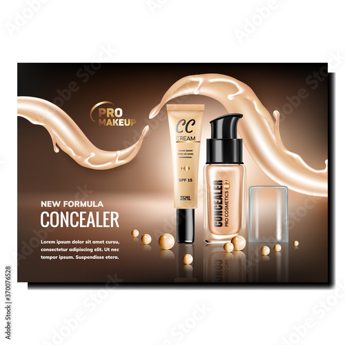 Concealer Makeup Cream Promotional Banner Vector. Concealer Blank Tube And Bottle With Glass Cap On Advertising Marketing Poster. Cosmetic Splash Color Concept Template Illustration
