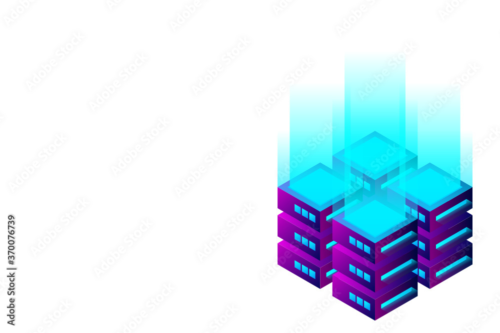 Datacenter isometric vector illustration. Abstract 3d hosting server or data center room background. Network or mainframe infrastructure website header layout. Computer storage or farming workstation. Datacenter isometric vector illustration. Abstract 3d hosting server or data center room background. Network or mainframe infrastructure website header layout. Computer storage or farming workstation.