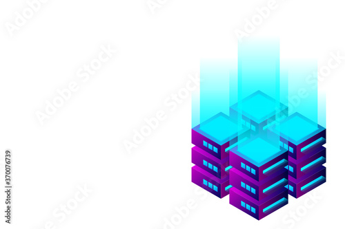 Datacenter isometric vector illustration. Abstract 3d hosting server or data center room background. Network or mainframe infrastructure website header layout. Computer storage or farming workstation.