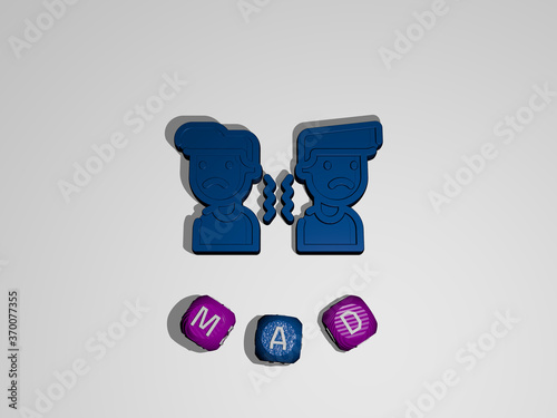 3D illustration of MAD graphics and text around the icon made by metallic dice letters for the related meanings of the concept and presentations. angry and background photo