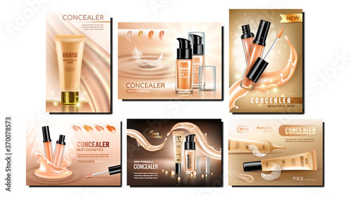 Concealer Cream Promotional Banners Set Vector. Collection Of Concealer Different Blank Bottles With Brush And Tube, Smears And Liquid Splash Advertising Posters. Color Concept Layout Illustrations