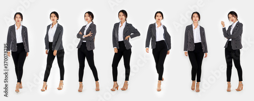 Different pose of same Asian woman full body portrait set on white background wearing formal business suit in studio collection . photo