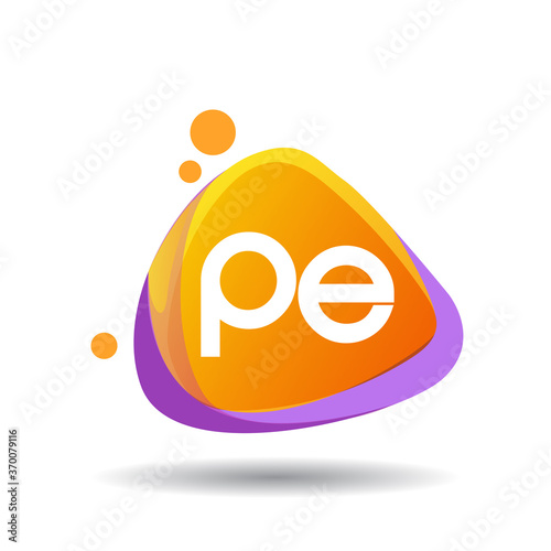 Letter PE logo in triangle splash and colorful background, letter combination logo design for creative industry, web, business and company.