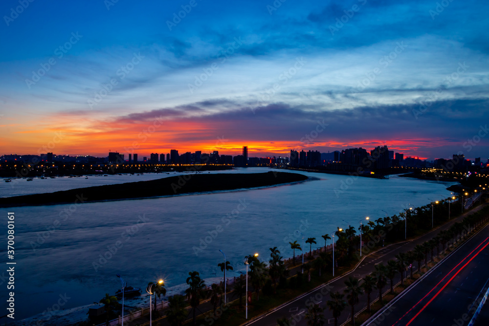 On August 7, 2020, the scenery of Quanzhou Bay in China. Urban architecture by the river.