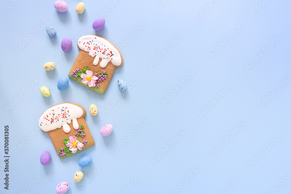 Easter poster and banner template with Easter cakes and colored eggs on blue background.Greetings and presents for Easter Day in flat lay styling.Promotion and shopping template for Easter Easter poster and banner template with Easter cakes and colored eggs on blue background.Greetings and presents for Easter Day in flat lay styling.Promotion and shopping template for Easter