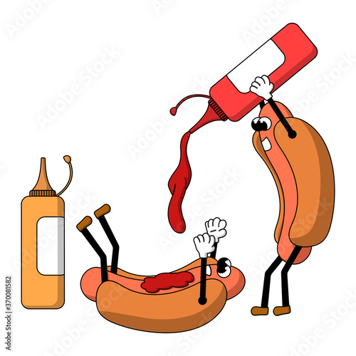 two cartoon funny hot dogs with ketchup and mustard. white background isolated vector illustration