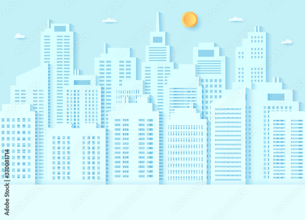 Cityscape, building with blue sky and a bright sun, paper art style