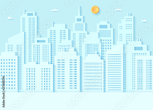 Cityscape  building with blue sky and a bright sun  paper art style