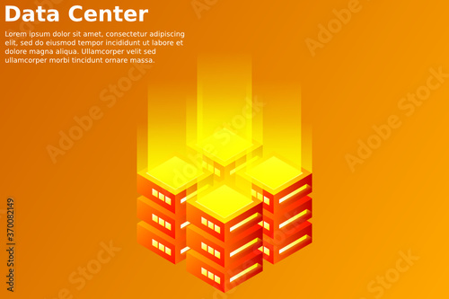 Datacenter isometric vector illustration. Abstract 3d hosting server or data center room background. Network or mainframe infrastructure website header layout. Computer storage or farming workstation.