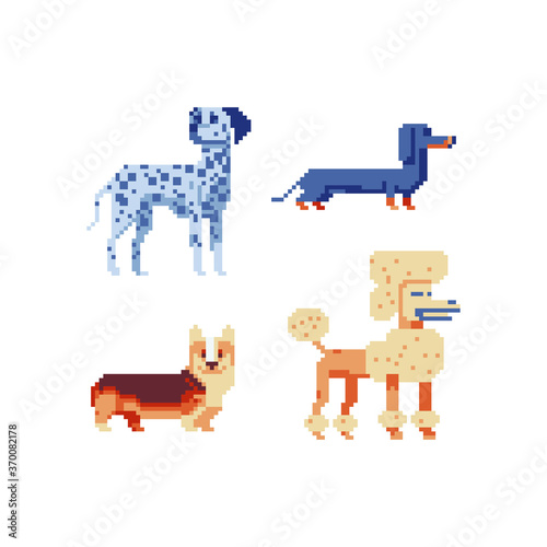 Dog breeds. Pixel art icons set. Logo pet shop. Stickers and embroidery design. Dachshund, dalmatian and poodle. Game assets. Isolated vector illustration. 