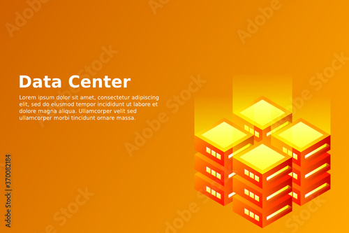 Datacenter isometric vector illustration. Abstract 3d hosting server or data center room background. Network or mainframe infrastructure website header layout. Computer storage or farming workstation.