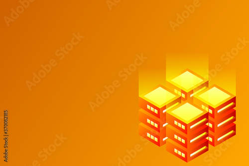 Datacenter isometric vector illustration. Abstract 3d hosting server or data center room background. Network or mainframe infrastructure website header layout. Computer storage or farming workstation.