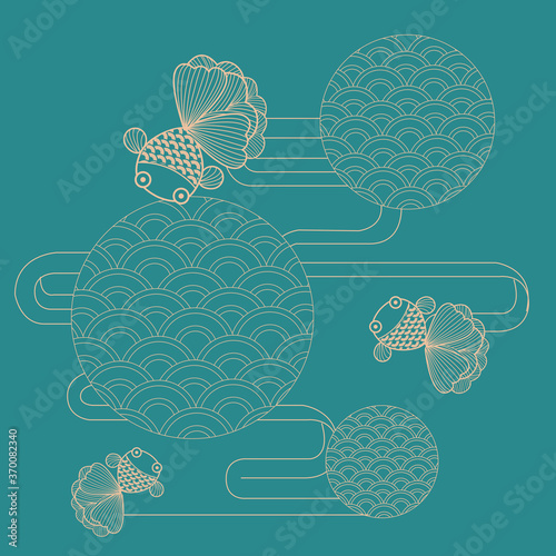Vector line art of golden gold fishes with oriental pattern and frame.
