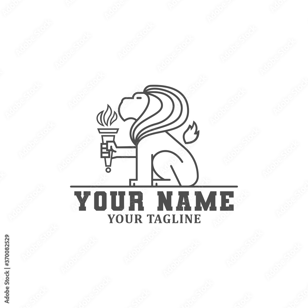 lion with torch line logo. vector illustration