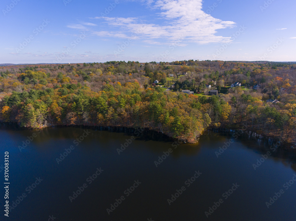 Ashland Reservoir aerial view with fall foliage in Ashland State Park in town of Ashland, Massachusetts MA, USA. 