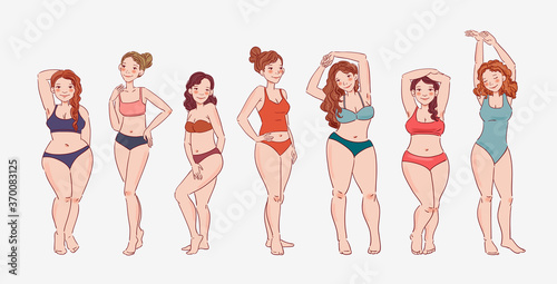 Group of young women of different heights, figure types and sizes dressed in swimsuits standing in a row. Body positive and beauty diversity vector concept