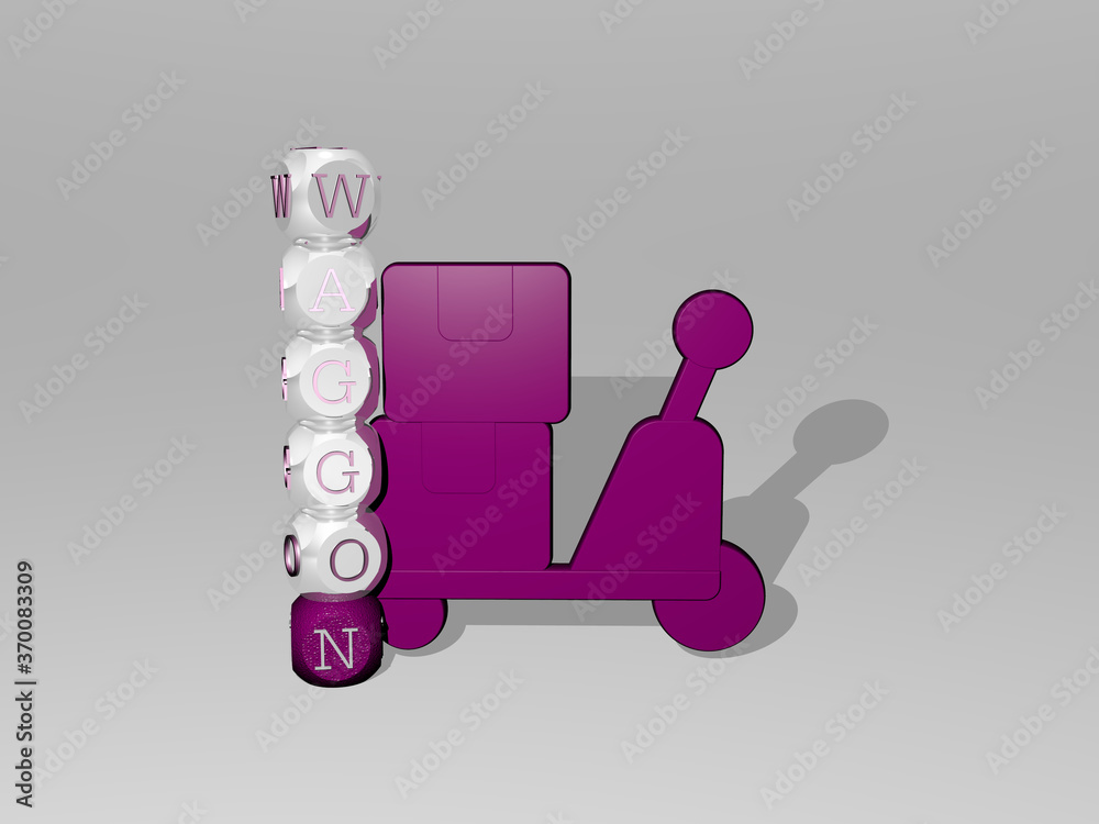 3D graphical image of WAGGON vertically along with text built around the icon by metallic cubic letters from the top perspective. excellent for the concept presentation and slideshows